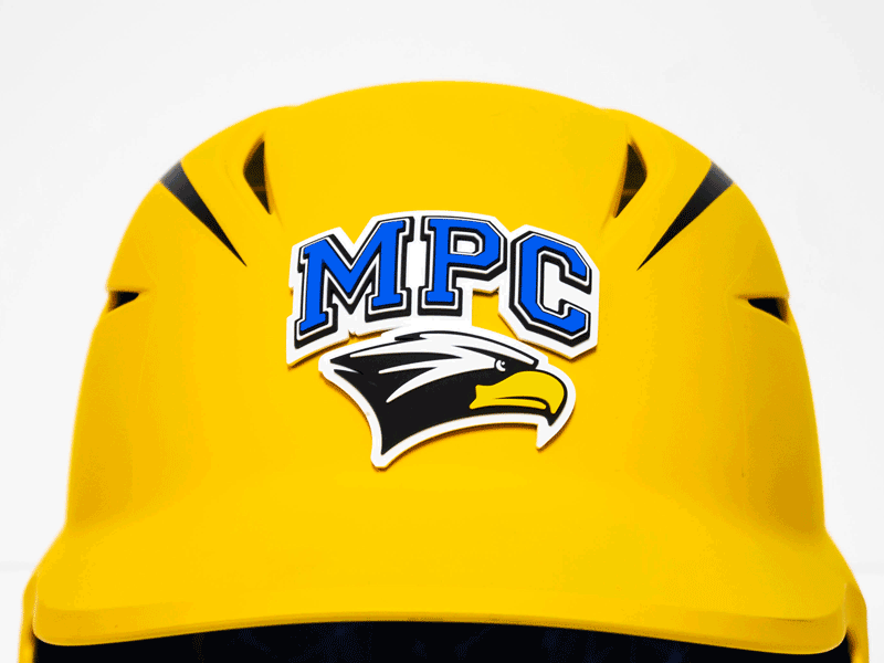 yellow batting helmet with MPC 3d decal in white blue black yellow