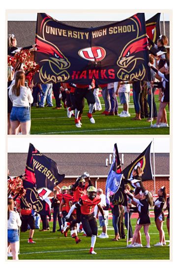 university high school breakaway with football team running through