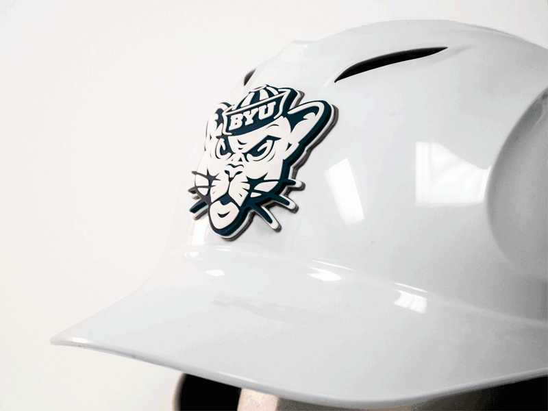 white batting helmet with byu 3d helmet decal in blue white
