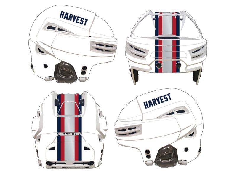 harvest ice hockey decal and wide stripe on white helmet