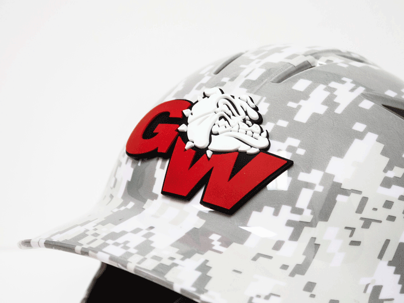 white digital camo batting helmet with GW Bulldog 3d helmet decal in red white black