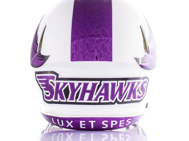 skyhawks 2d back decal and lux et spes bumper in chrome purple on football helmet